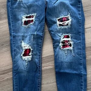 Judy Blue Distressed Jeans with Plaid Accents